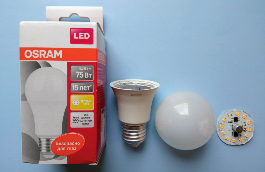 Светодиодная лампа E27 Osram в разобранном виде