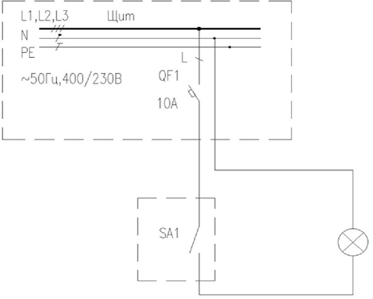 Схема подключения с одинарным клавишным выключателем