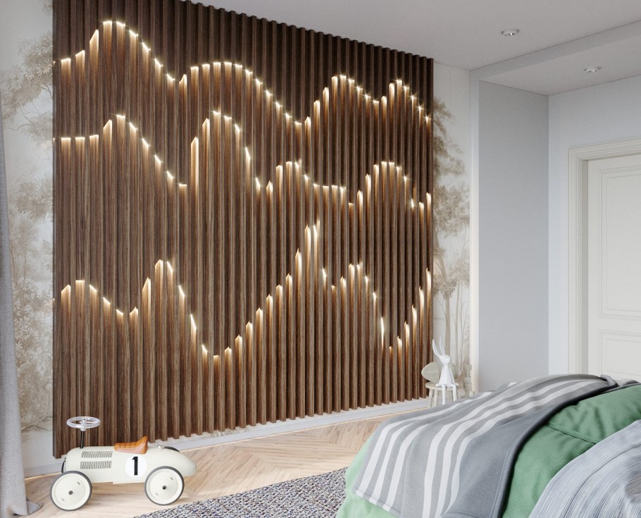 Отделка стены рейками с подсветкой