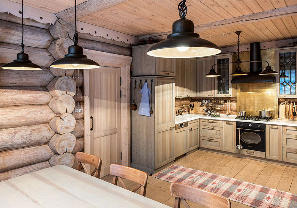 Освещение на кухне деревянного дома